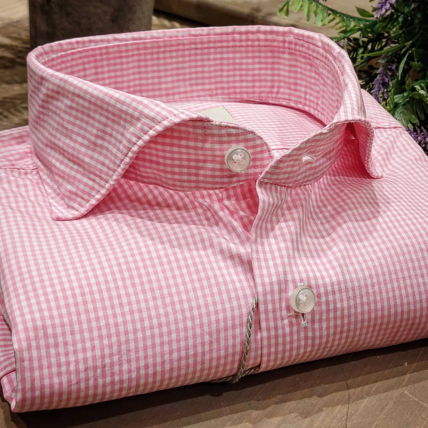 Camicia in Cotone Quadrettino Pink e Bianco Collo Francese Cutaway