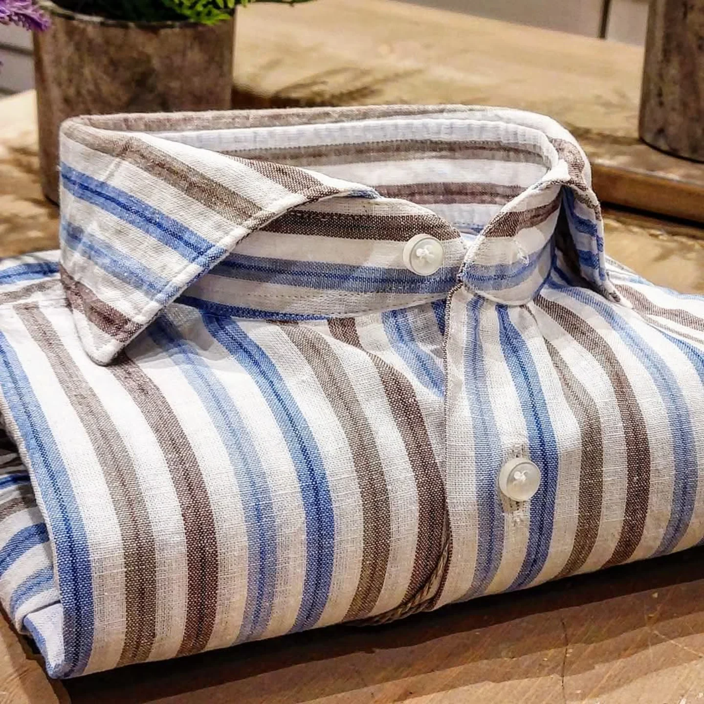 Camicia in Misto Lino Rigato Multicolore Coloniale Collo Francese Cutaway