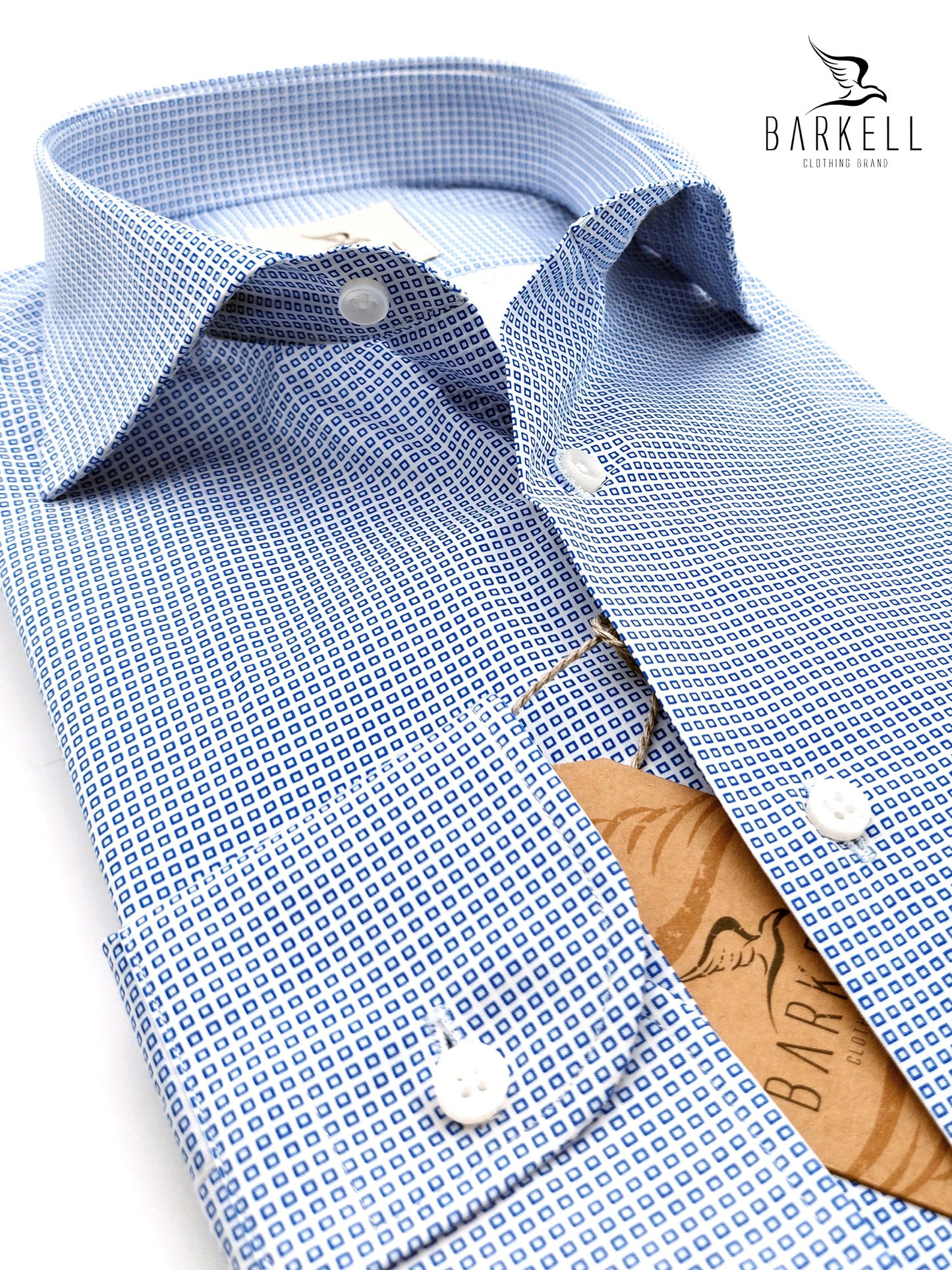 Camicia in Cotone Fantasia Geometrica Azzurra Fondo Bianco Collo Francese