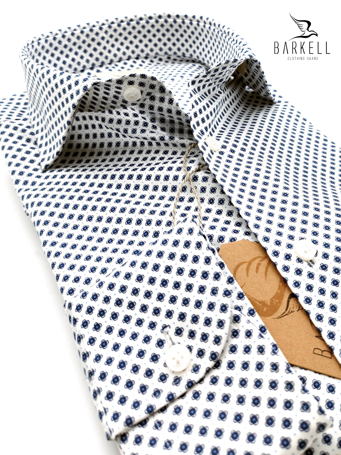 Camicia in Cotone Fantasia Fiorellino Blu Fondo Bianco Collo Francese