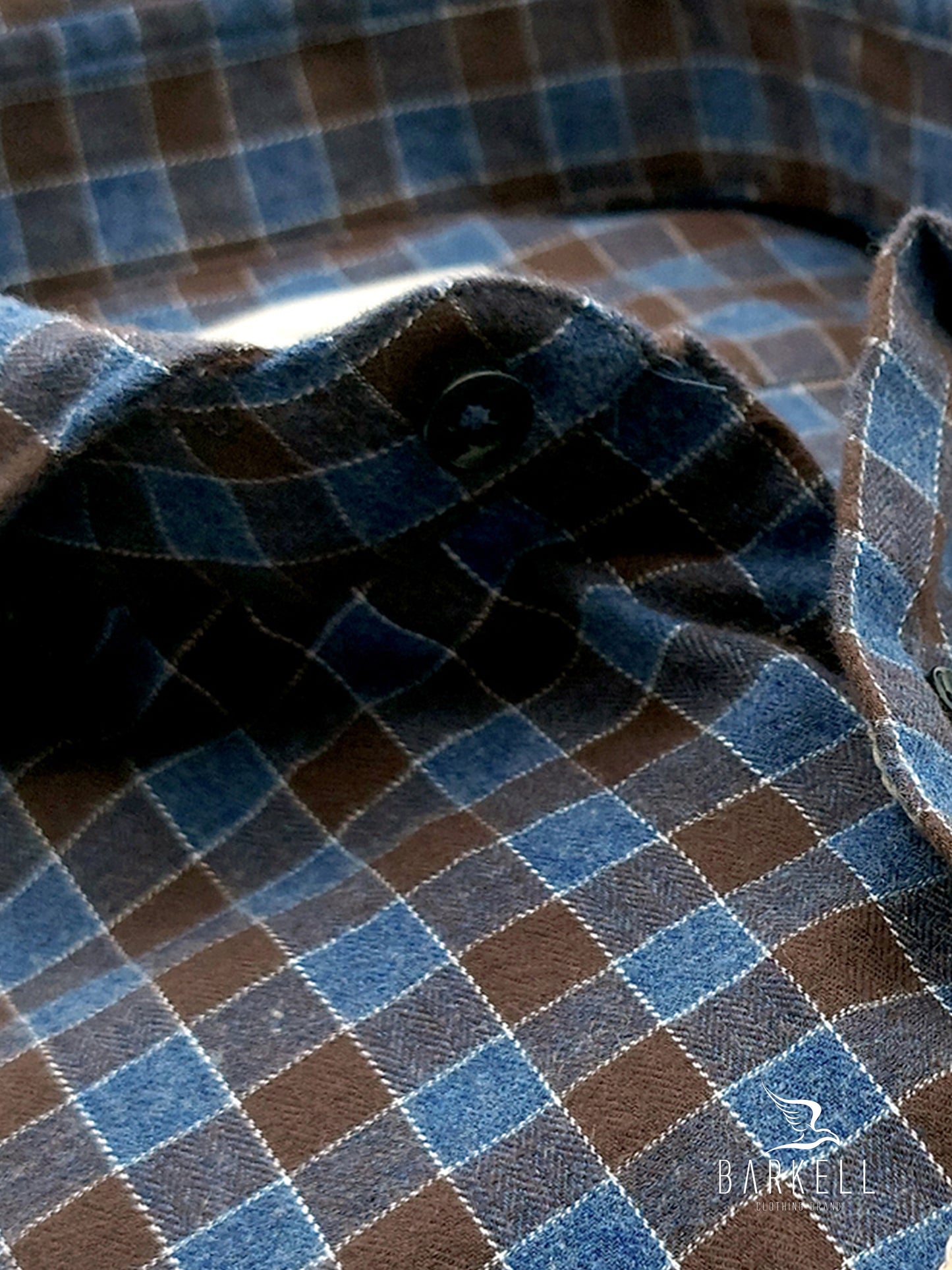 Camicia in Cotone Flanellato Quadro Marrone e Blu Denim Collo Francese Cutaway