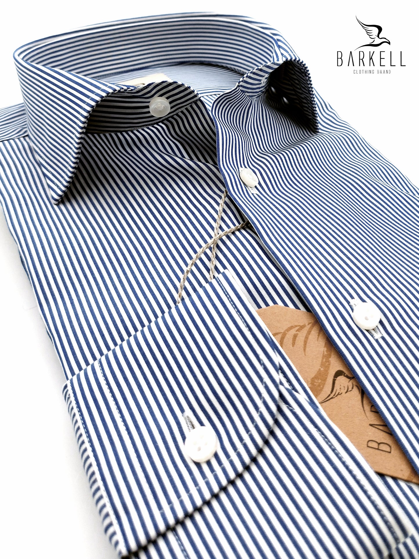 Camicia in Cotone Rigata Bianca e Blu Collo Francese