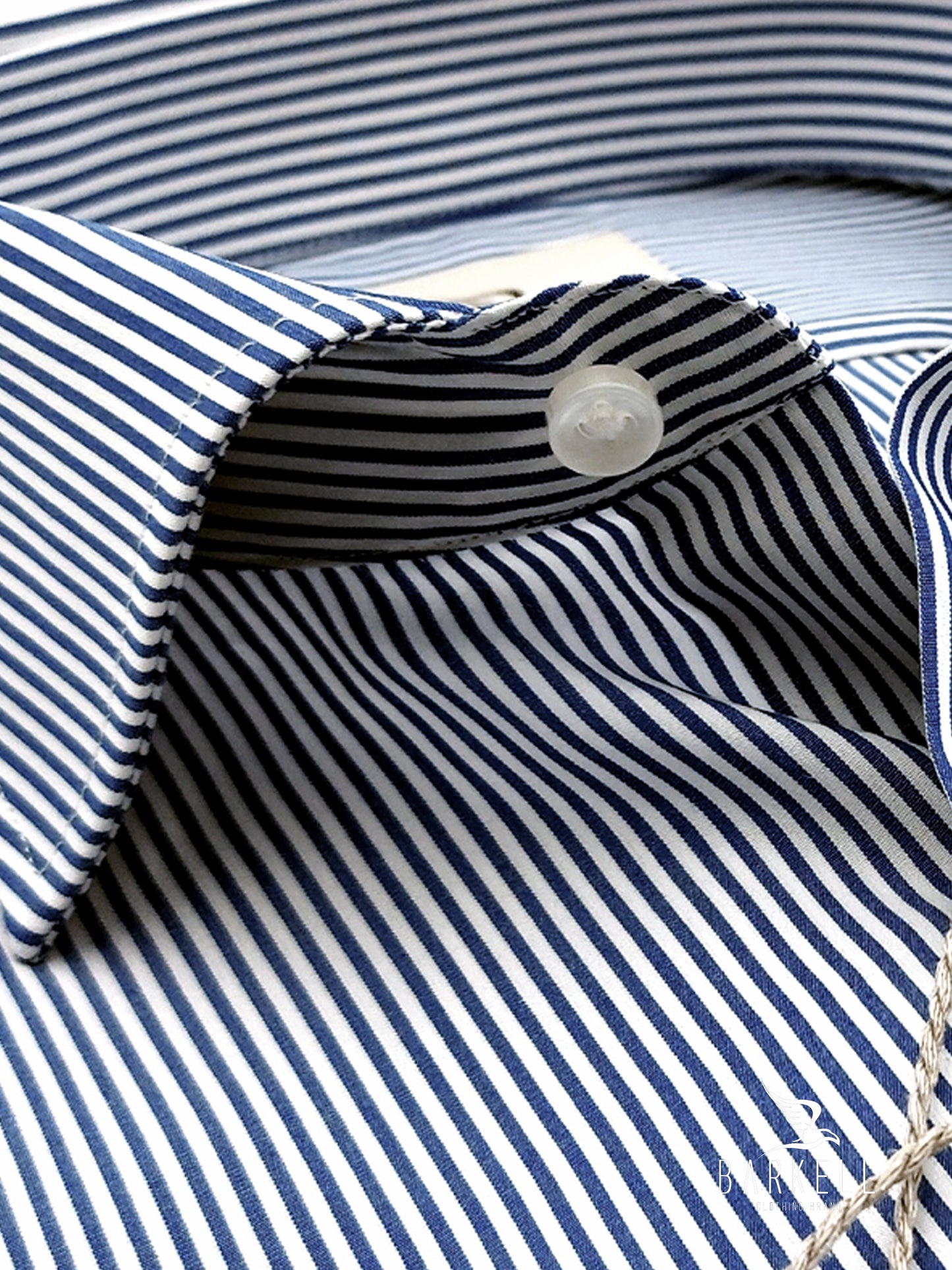Camicia in Cotone Rigata Bianca e Blu Collo Francese