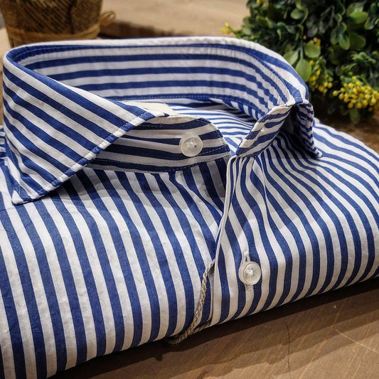 Camicia in Cotone Rigata Blu e Bianco Collo Francese Cutaway