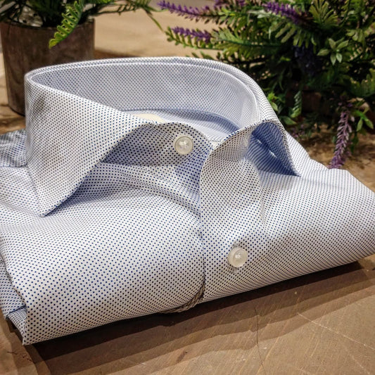 Camicia in Cotone No Stiro Microfantasia Pois Blu Collo Francese
