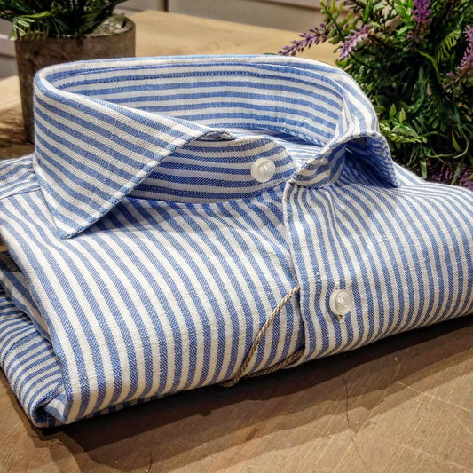 Camicia in Misto Lino Rigato Azzurro e Bianco Collo Francese Cutaway