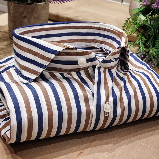 Camicia in Cotone Rigata Blu e Nocciola Collo Francese Cutaway
