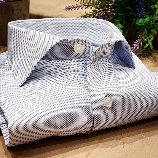 Camicia in Cotone No Stiro Microfantasia Tratto Blu Celeste Collo Francese