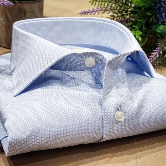 Camicia in Cotone No Stiro Microfantasia Geometrica Celeste Collo Francese
