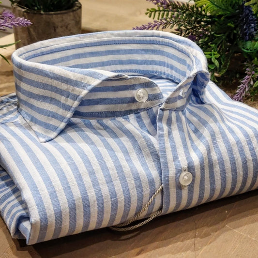 Camicia in Misto Lino Rigato Celeste e Bianco Collo Francese Cutaway