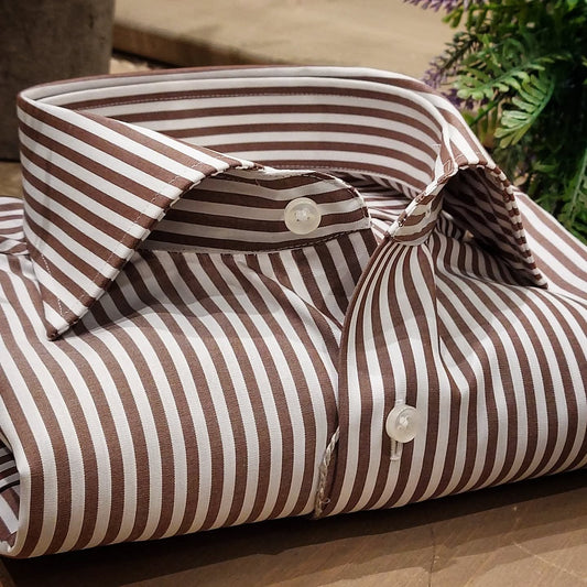 Camicia in Cotone No Stiro Rigata Marrone e Bianco Collo Francese