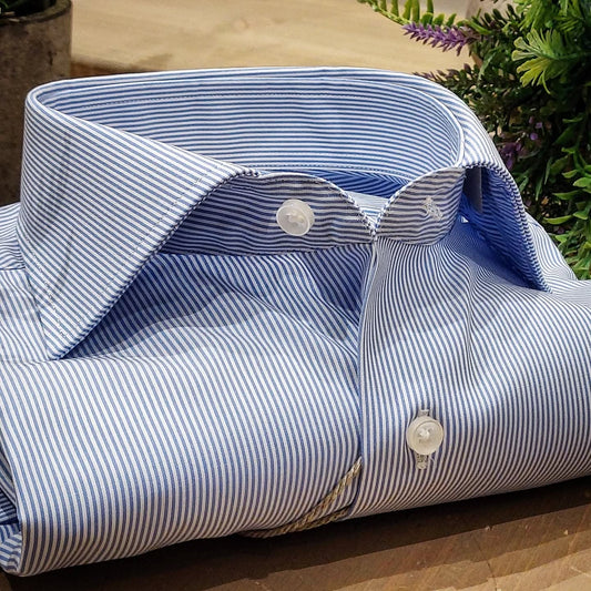 Camicia in Cotone No Stiro Rigata Bianca e Celeste Collo Francese