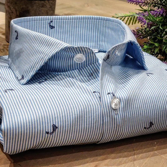Camicia in Cotone Oxford Pinpoint Fantasia Riga e Balena Fondo Bianco Collo Francese Spread