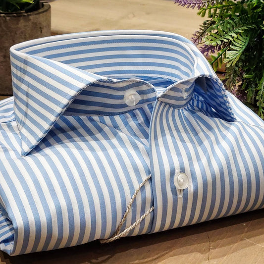 Camicia in Cotone No Stiro Rigata Celeste e Bianco Collo Francese