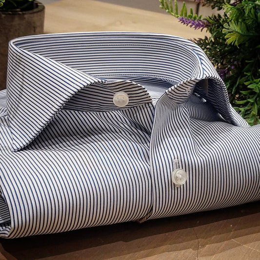 Camicia in Cotone No Stiro Rigata Bianca e Blu Collo Francese