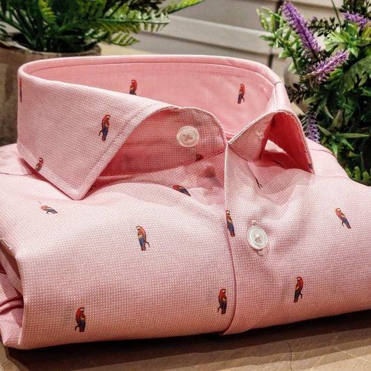 Camicia in Cotone Oxford Pinpoint Fantasia Pappagallino Multicolor Fondo Salmone Collo Francese Spread