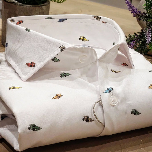 Camicia in Cotone Oxford Pinpoint Fantasia Formula Uno Multicolor Fondo Bianco Collo Francese Spread