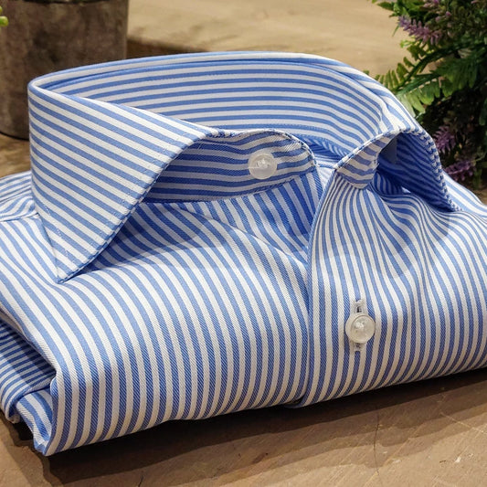 Camicia in Cotone No Stiro Rigata Bianca e Celeste Collo Francese