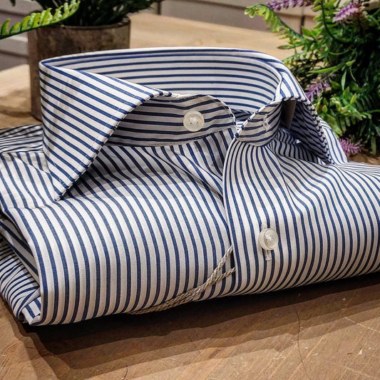 Camicia in Cotone No Stiro Rigata Bianca e Blu Collo Francese