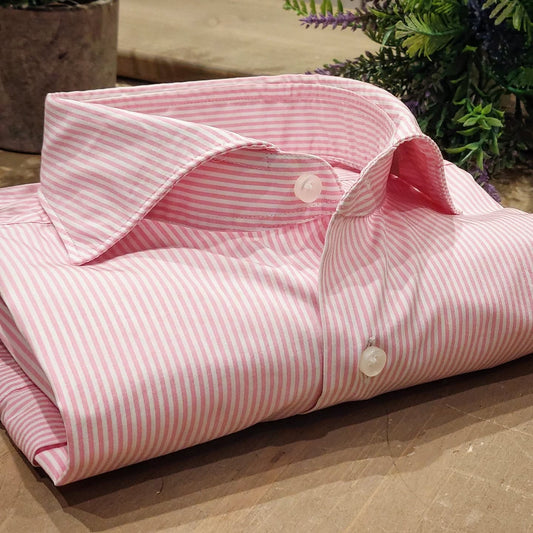 Camicia in Cotone Rigata Rosa e Bianco Collo Francese Cutaway