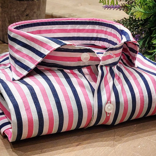 Camicia in Cotone Rigata Blu e Rosa Pink Collo Francese Cutaway