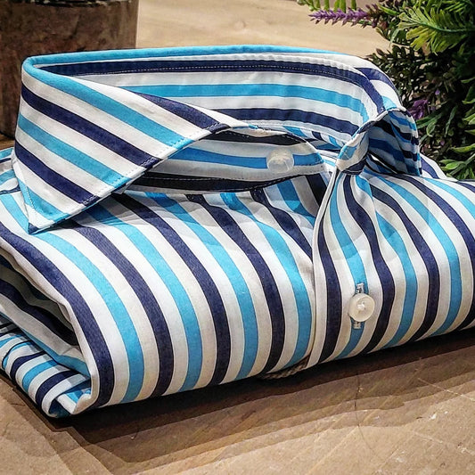 Camicia in Cotone Rigata Blu e Turchese Collo Francese Cutaway