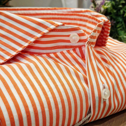 Camicia in Cotone Rigata Arancio e Bianco Collo Francese Cutaway