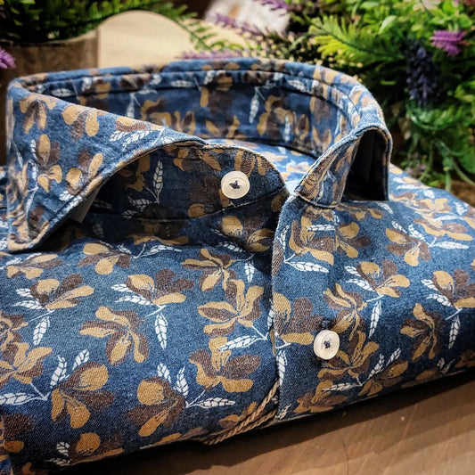 Camicia in Jeans Fantasia Fiorata Coloniale Fondo Stone Denim Chiaro Collo Francese Cutaway