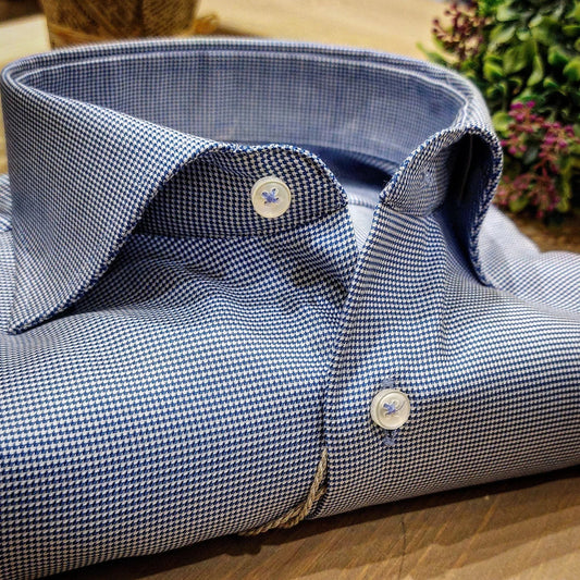 Camicia in Cotone No Stiro Microfantasia Armaturata Bianca e Blu Collo Francese