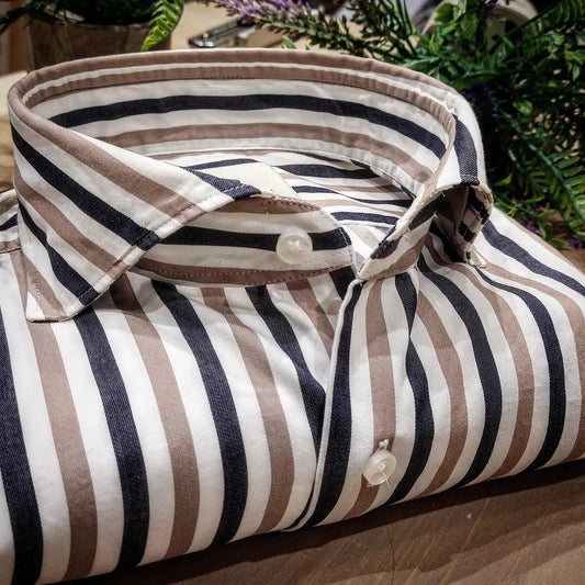 Camicia in Cotone Rigata Bianca e Beige Collo Francese Cutaway