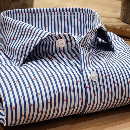 Camicia in Cotone Oxford Pinpoint Fantasia Riga e Rombo Fondo Bianco Collo Francese Spread