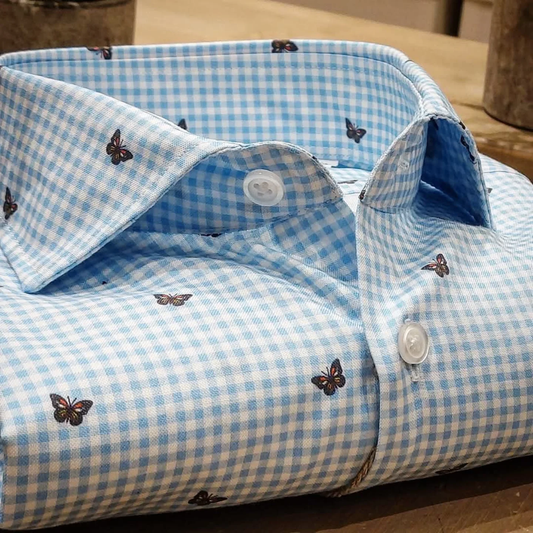 Camicia in Cotone Oxford Pinpoint Fantasia Quadro e Farfalla Fondo Bianco Collo Francese Spread
