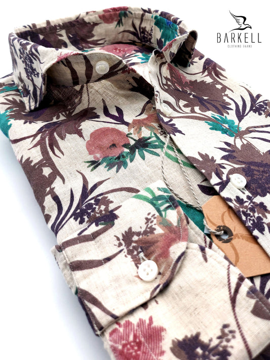 Camicia in Misto Lino Fantasia Tropicale Coloniale Fondo Avana Collo Francese Cutaway