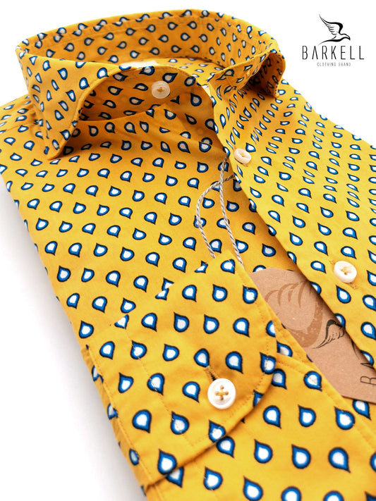 Camicia in Cotone Fantasia Goccia Bianca Fondo Giallo Collo Francese Cutaway