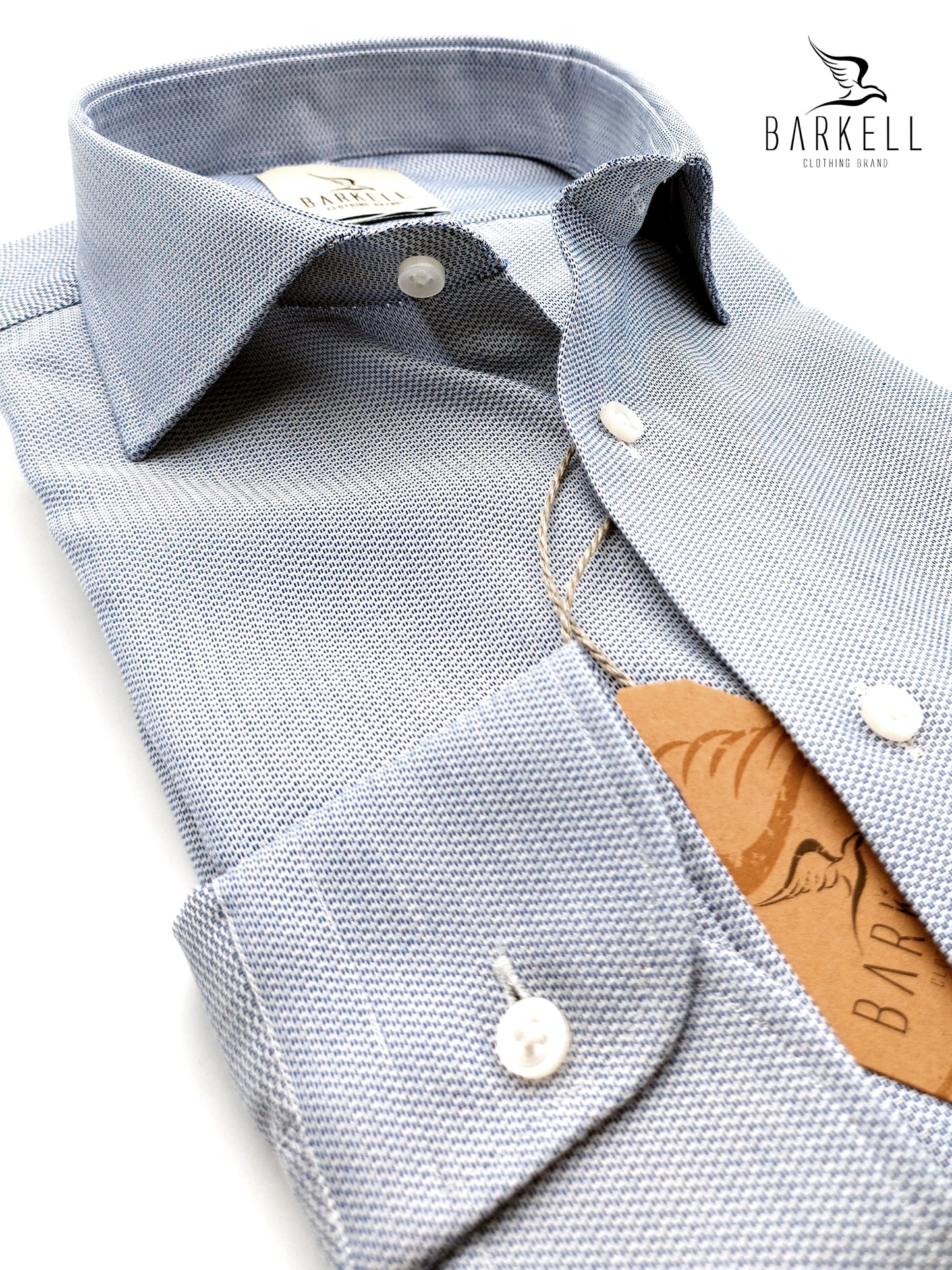 Camicia in Cotone No Stiro Microfantasia Armaturata Blu Collo Francese