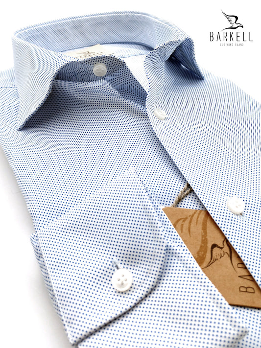 Camicia in Cotone No Stiro Microfantasia Pois Blu Collo Francese