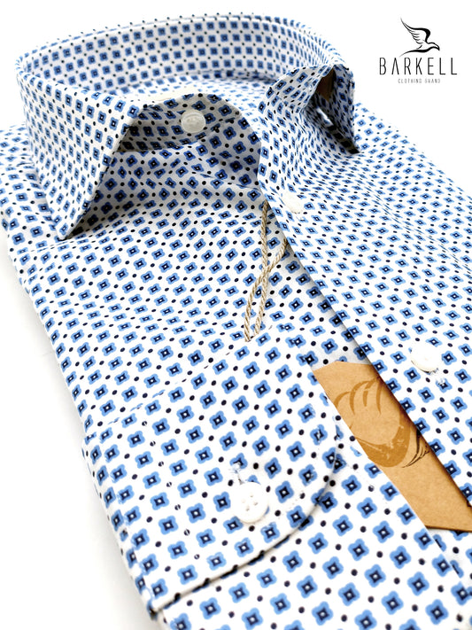 Camicia in Cotone Fantasia Geometrica Blu e Azzurro Fondo Bianco Collo Francese