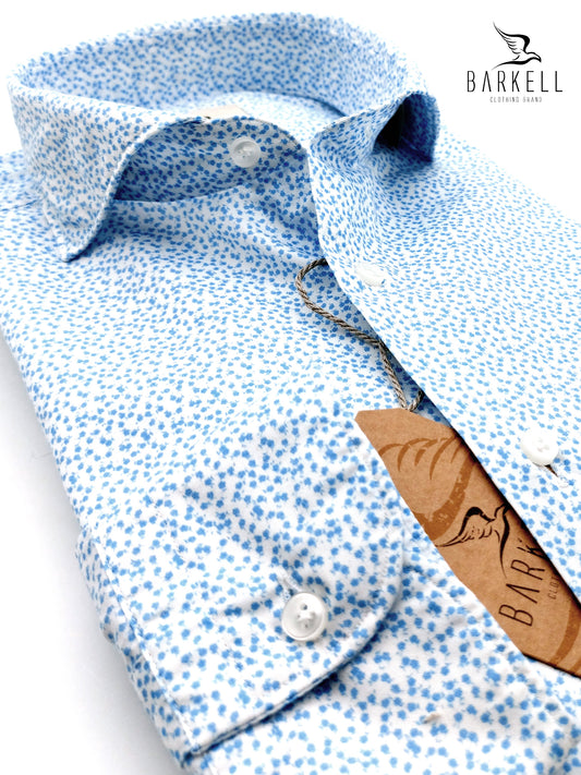 Camicia in Cotone Fantasia Fiorellini Azzurri Fondo Bianco Collo Francese Cutaway