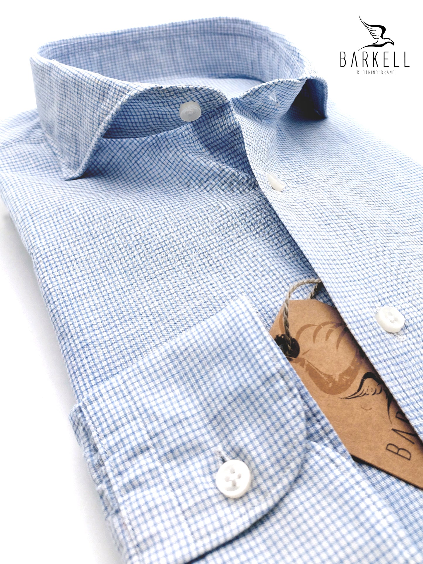 Camicia in Misto Lino Quadrettino Celeste e Bianco Collo Francese Cutaway