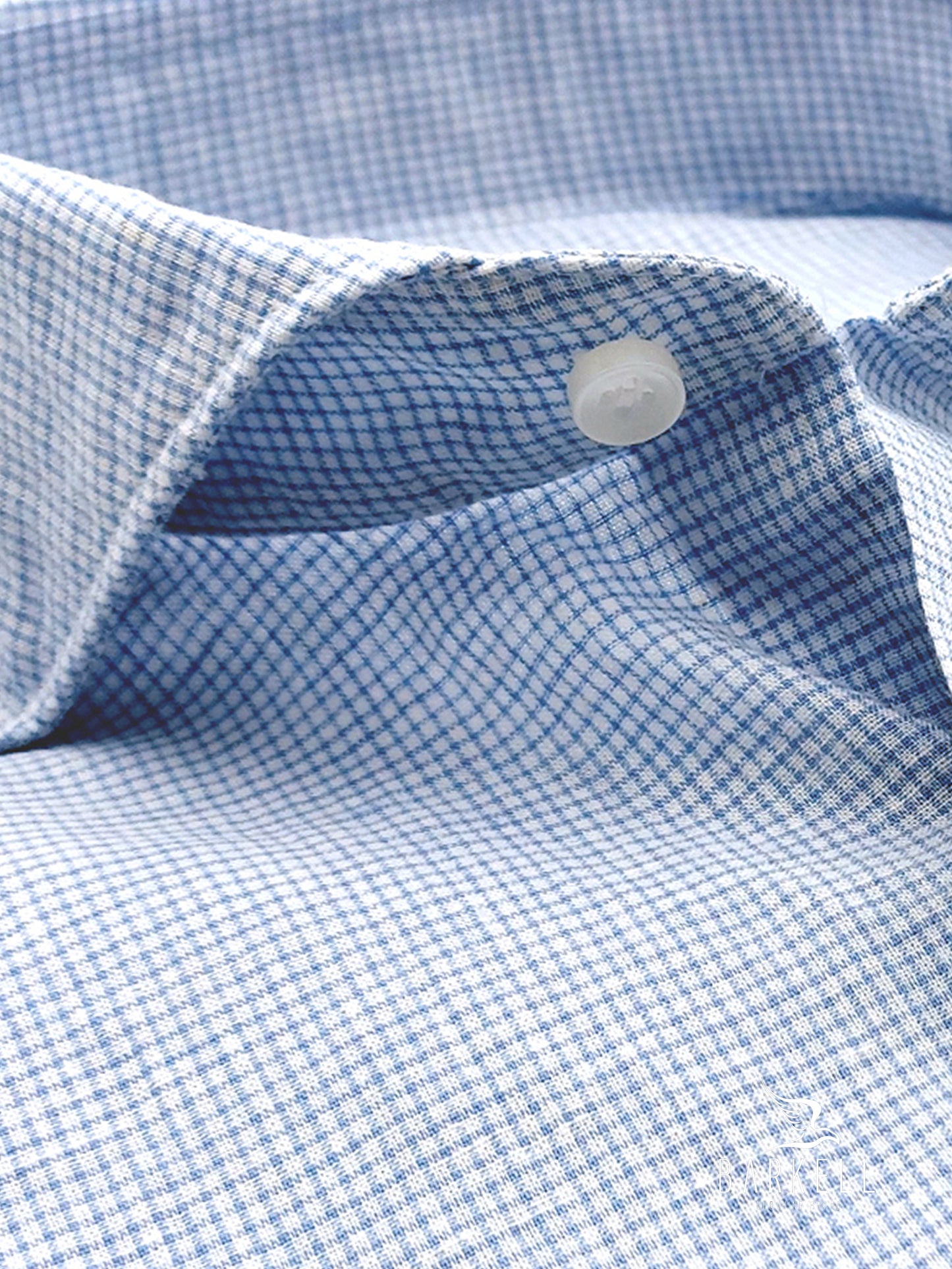 Camicia in Misto Lino Quadrettino Celeste e Bianco Collo Francese Cutaway