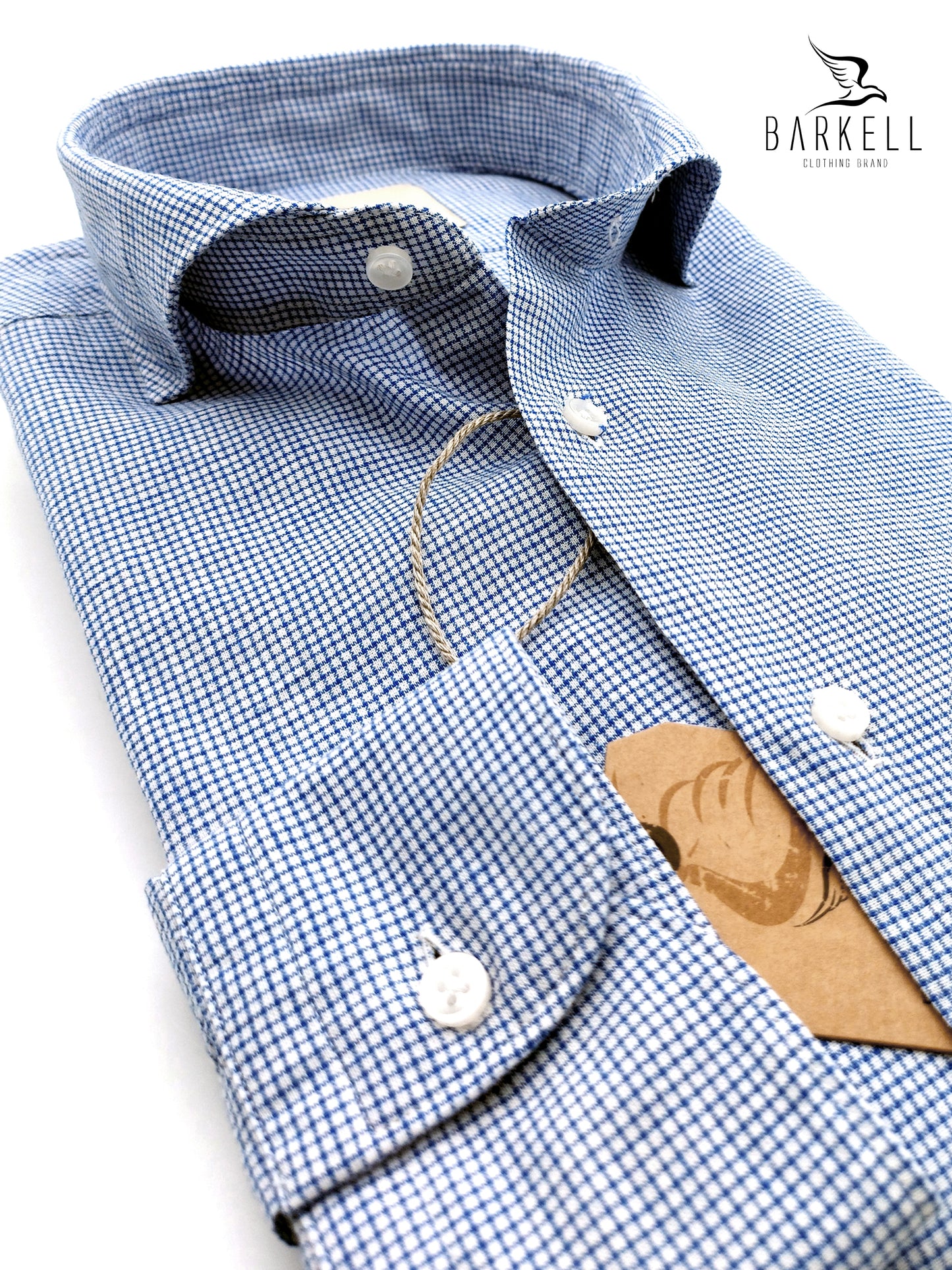 Camicia in Misto Lino Quadrettino Blu e Bianco Collo Francese Cutaway