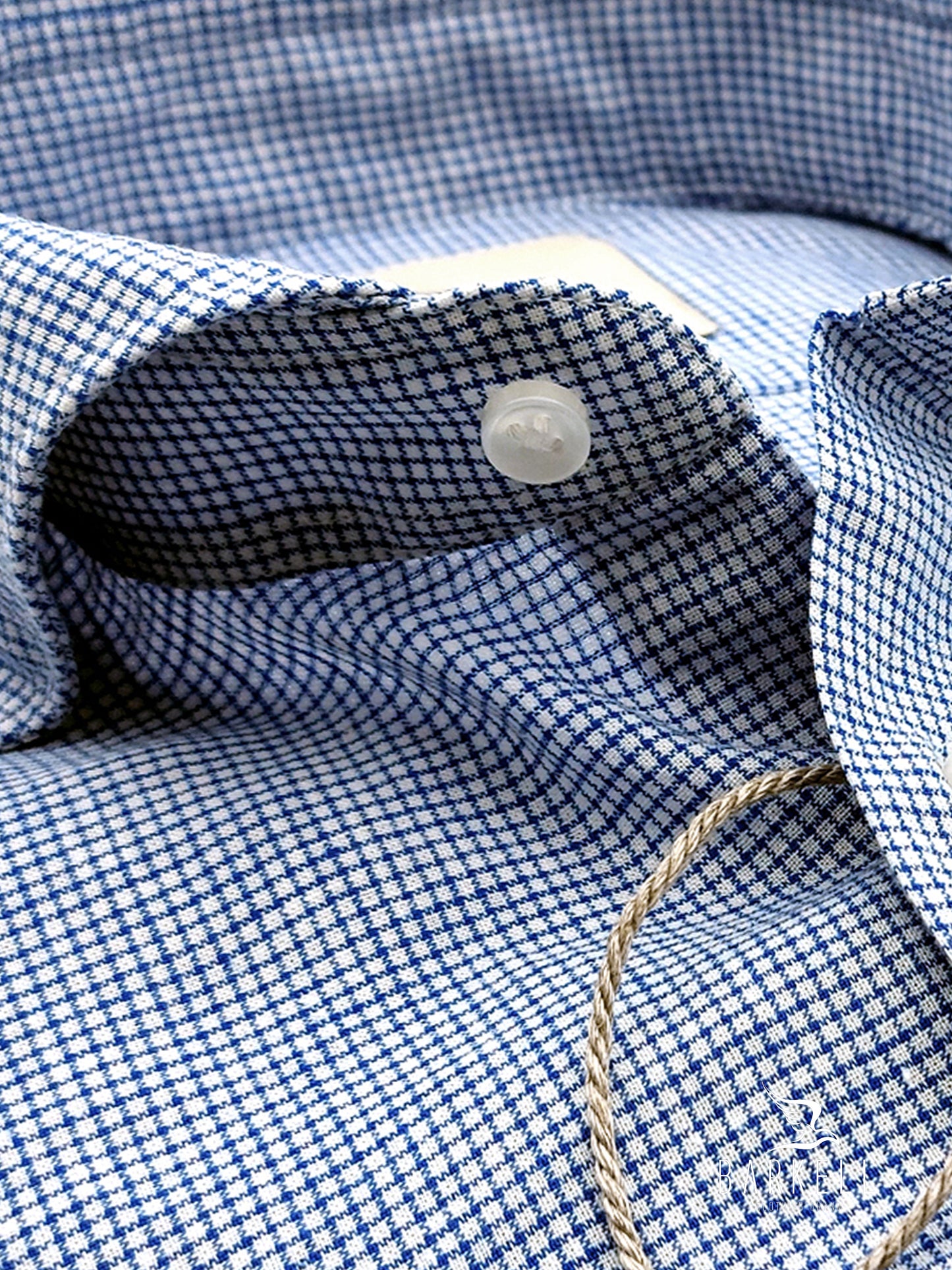 Camicia in Misto Lino Quadrettino Blu e Bianco Collo Francese Cutaway