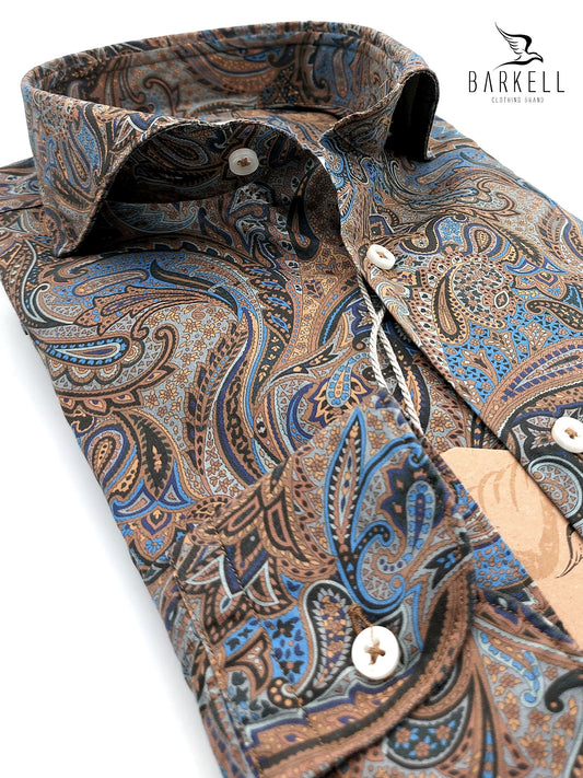 Camicia in Cotone Fantasia Cashmere Fondo Multicolore Collo Francese Cutaway