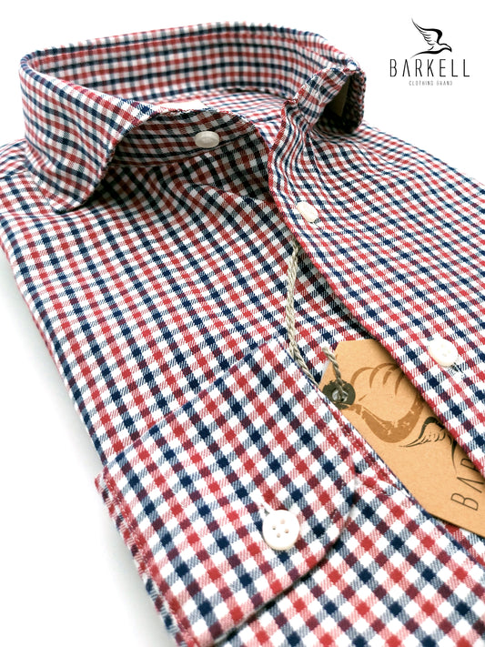 Camicia in Cotone Quadretto Rosso e Blu Collo Francese Cutaway