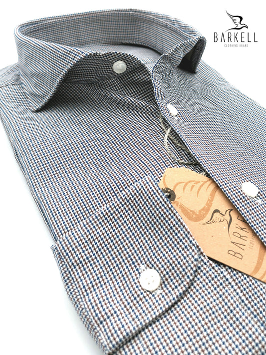 Camicia in Cotone Microfantasia Pied de Poule Marrone e Blu Collo Francese Cutaway