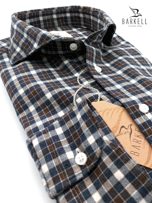 Camicia in Cotone Flanellato Quadro Marrone e Blu Collo Francese Cutaway