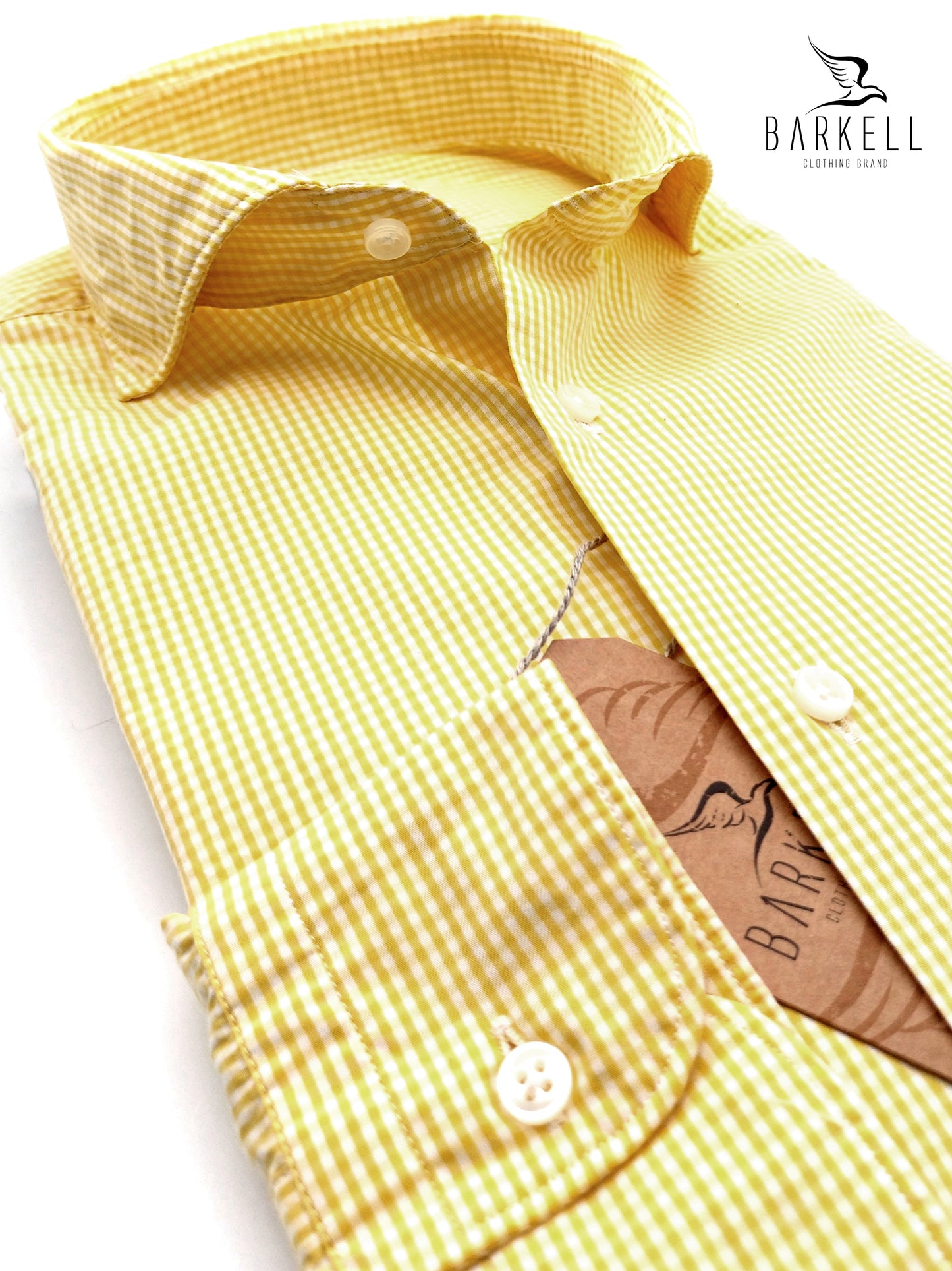 Camicia in Cotone Quadrettino Giallo e Bianco Collo Francese Cutaway