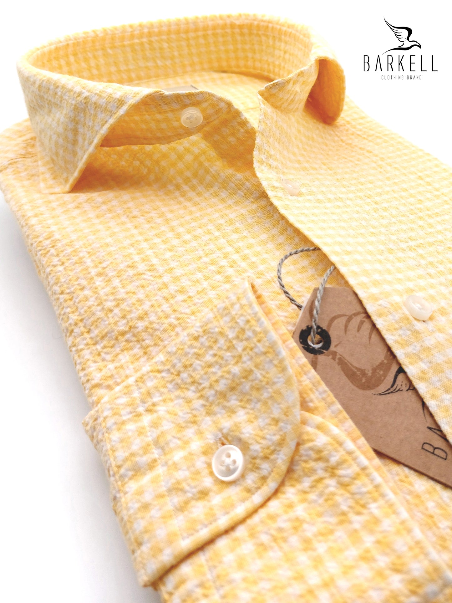 Camicia in Cotone Seersucker Quadretto Giallo e Bianco Collo Francese Cutaway