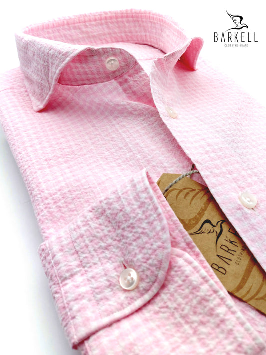 Camicia in Cotone Seersucker Quadretto Rosa e Bianco Collo Francese Cutaway