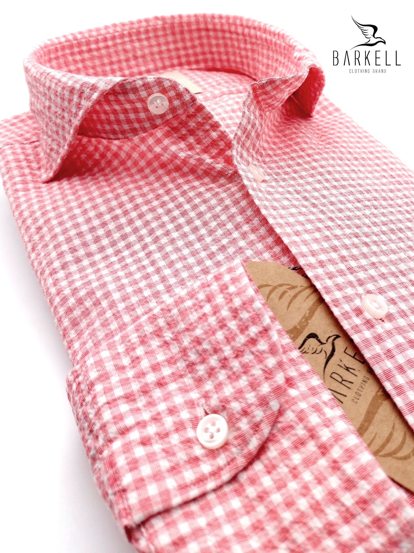 Camicia in Cotone Seersucker Quadretto Rosso Aranciato e Bianco Collo Francese Cutaway